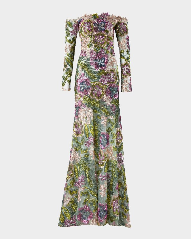 Rafaella Floral Sequined Off-The-Shoulder Trumpet Dress